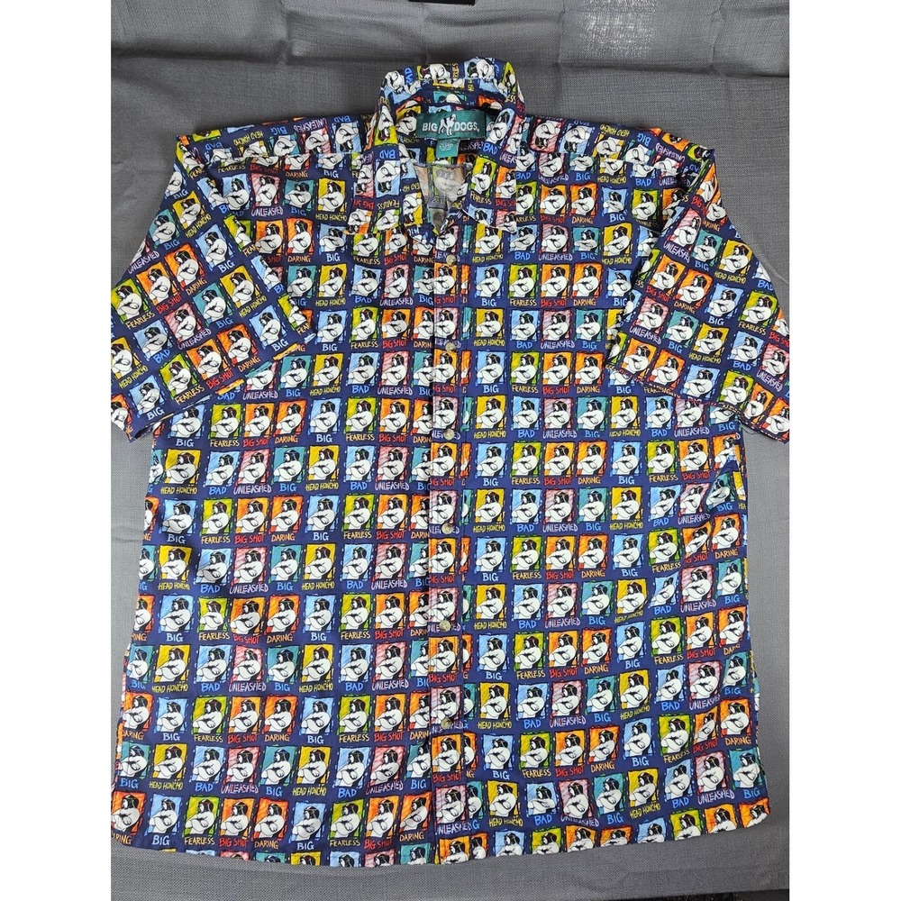 Big Dogs Mens XL Short Sleeve Button Down Shirt All Over Print Graphic Blue XL